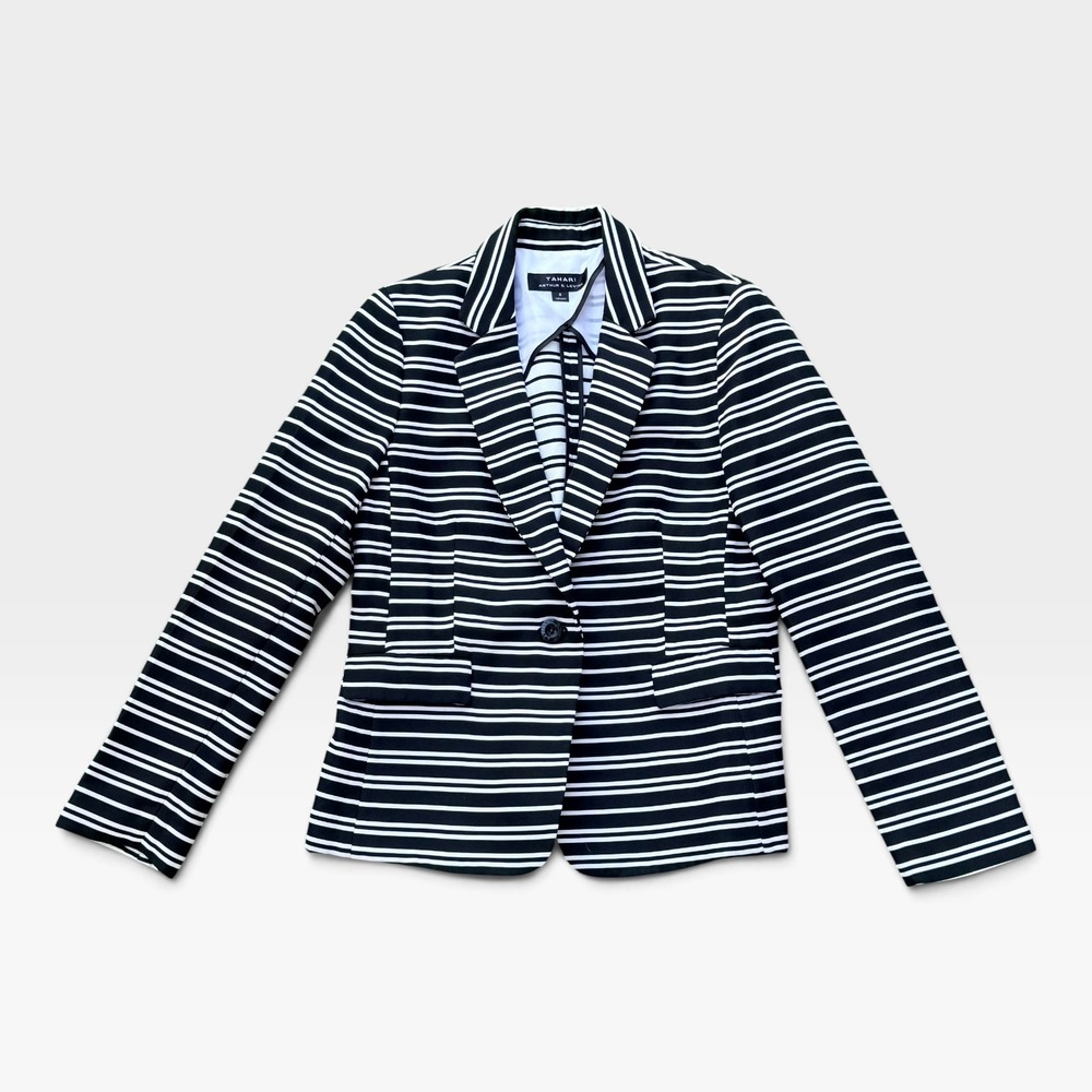 Tahari Arthur S. Levine Womens Black White Striped Single Button Blazer Size 6